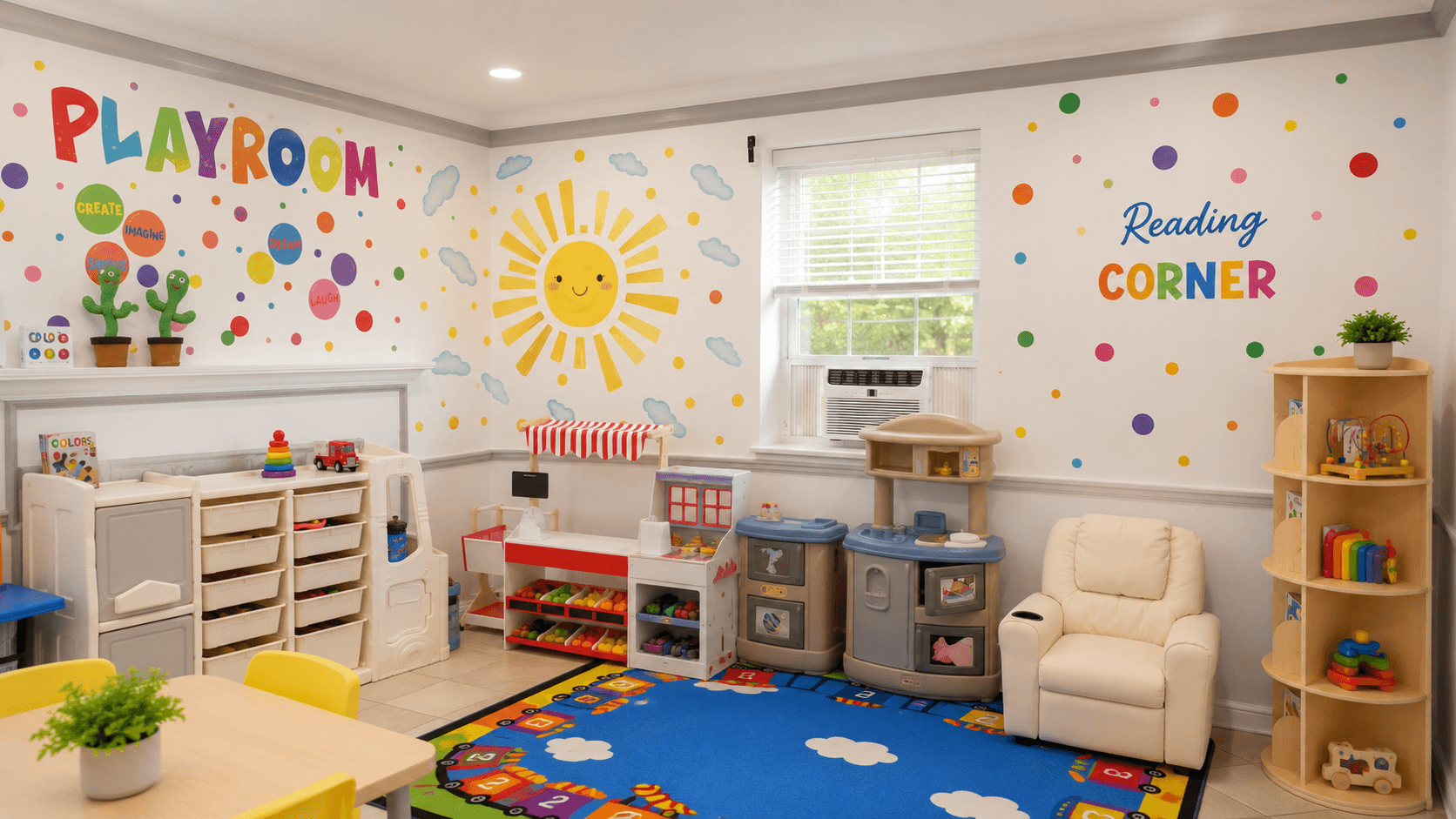 Vista amplia del playroom con rincones de lectura y juego